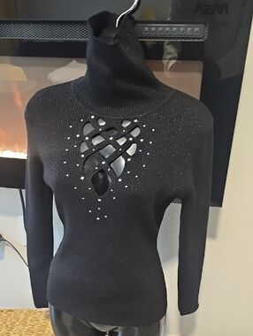 Wet Seal Black Turtleneck Sweater with Lattice Cutout and Rhinestones